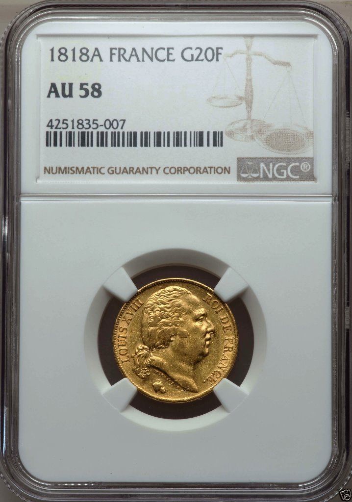 G011 France Louis XVIII gold 20 Francs 1818-A NGC AU58, Paris mi