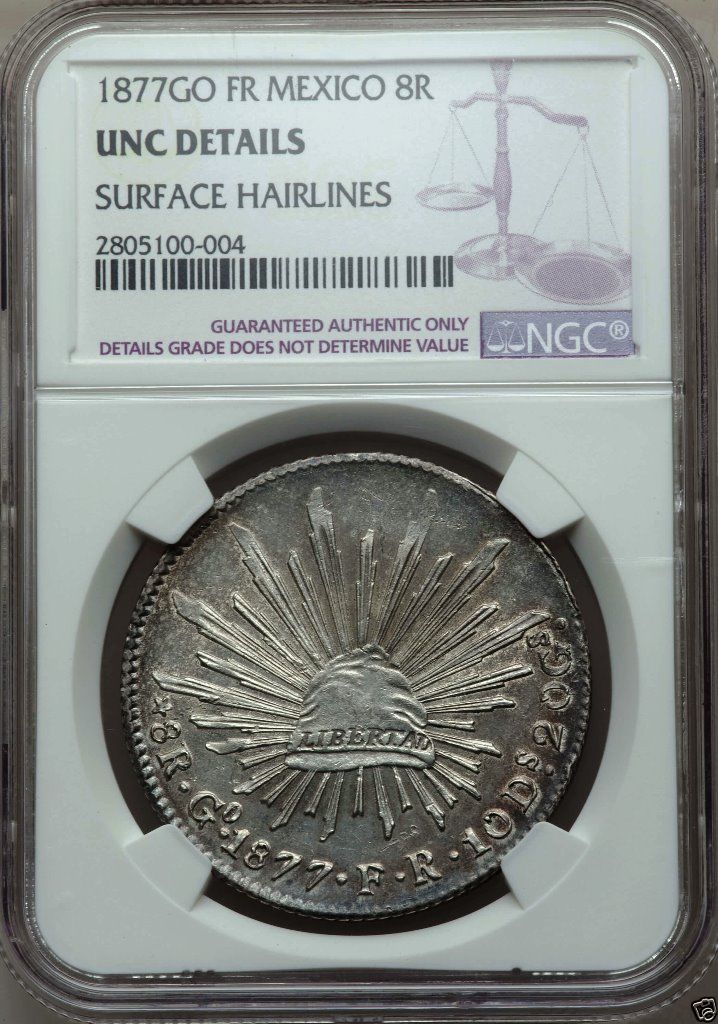 M008 Mexico silver 8 Reales 1877 GO-FR NGC UNC Details KM377.8,