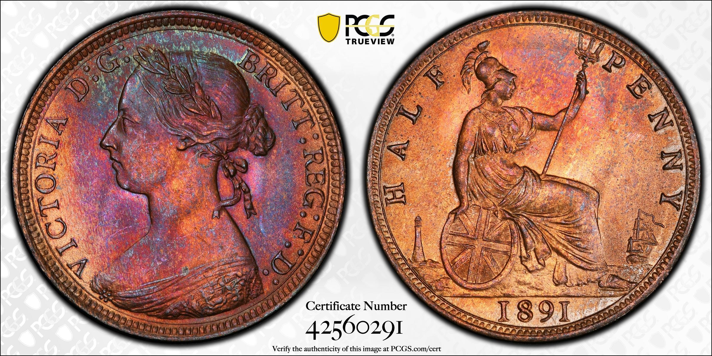 GB011 GREAT BRITAIN. 1/2 Penny, 1891. London Mint. Victoria. PCG