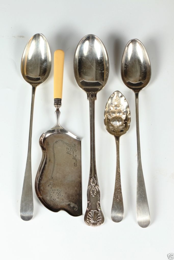 A001 3 English sterling serving spoons with 2 misc serving piece