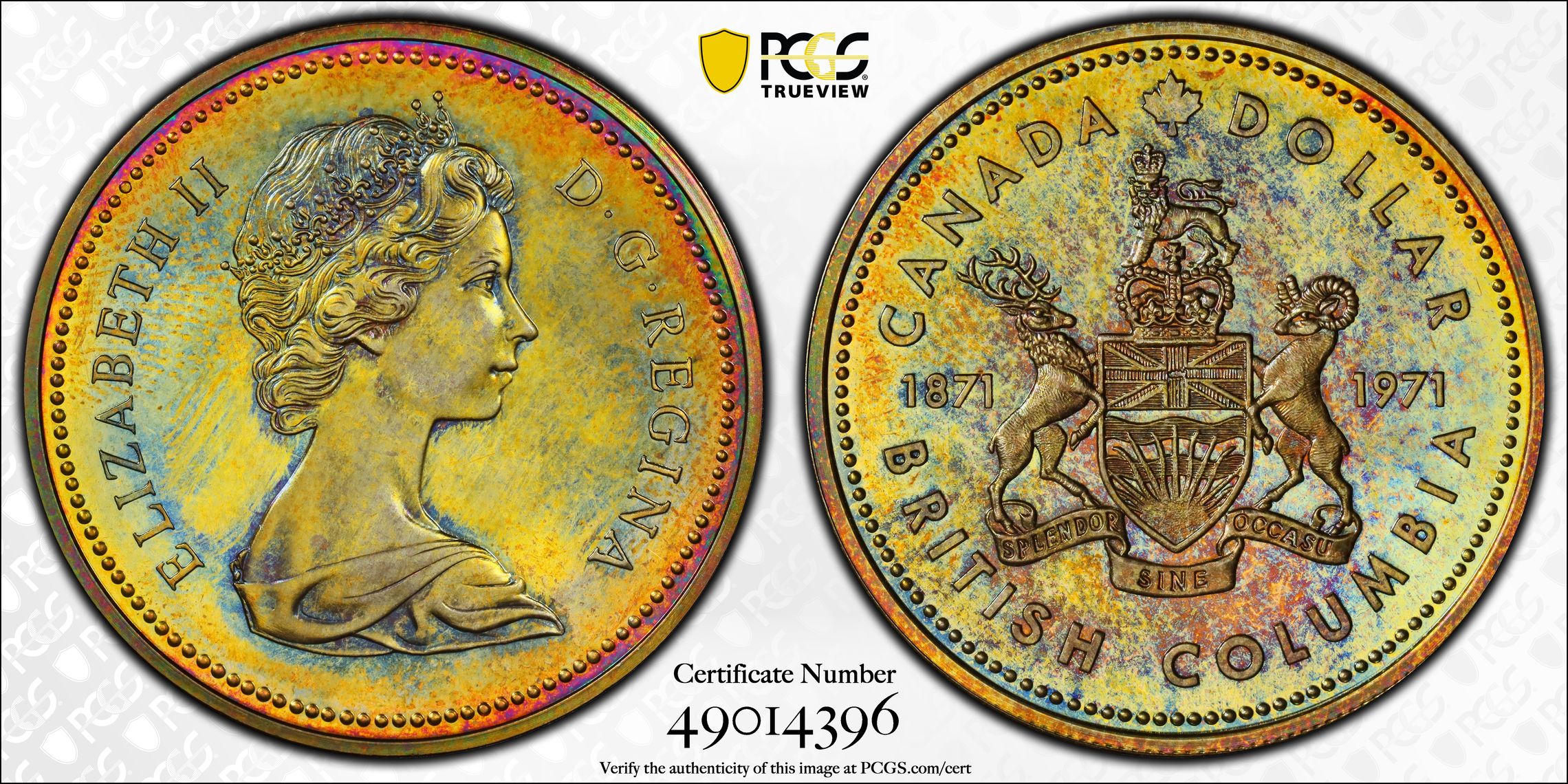 C229 Nicely toned 1971 Canada PCGS SP67 BC Commem silver Dollar.