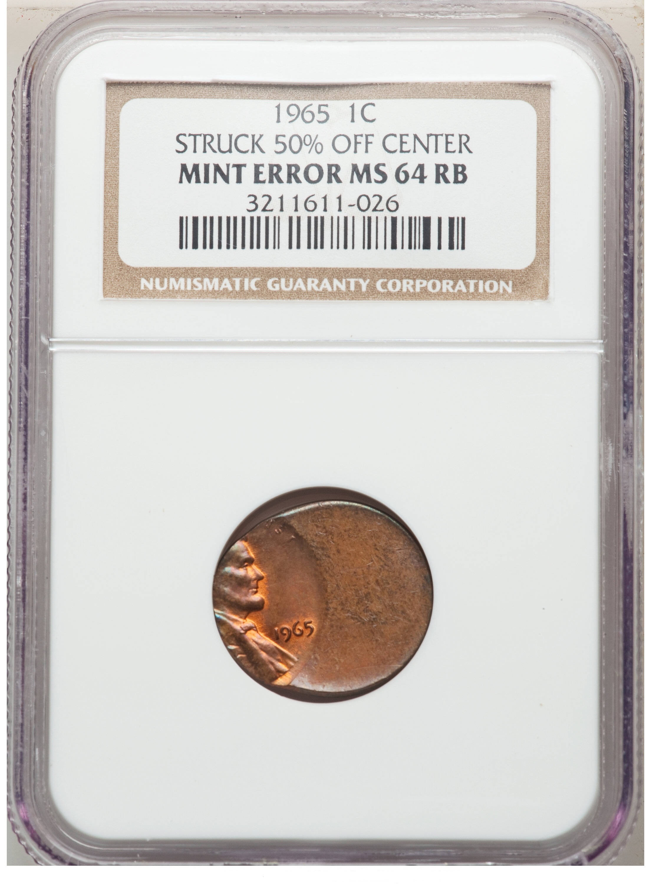 ER002 1965 1C Lincoln Cent -- Struck 50% Off Center -- NGC MS64