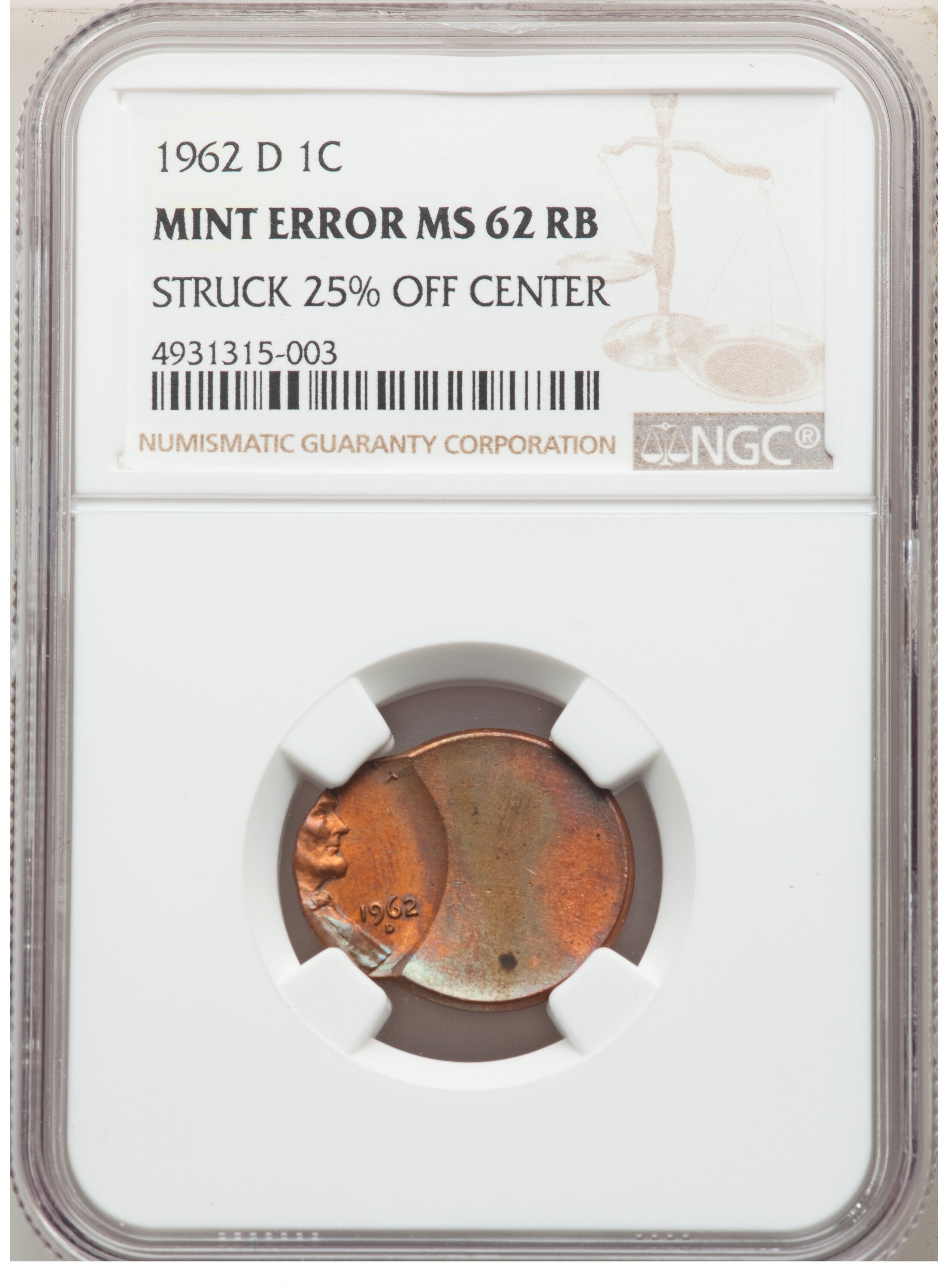 ER003 1962-D 1C Lincoln Cent -- Struck 25% Off Center -- NGC MS6