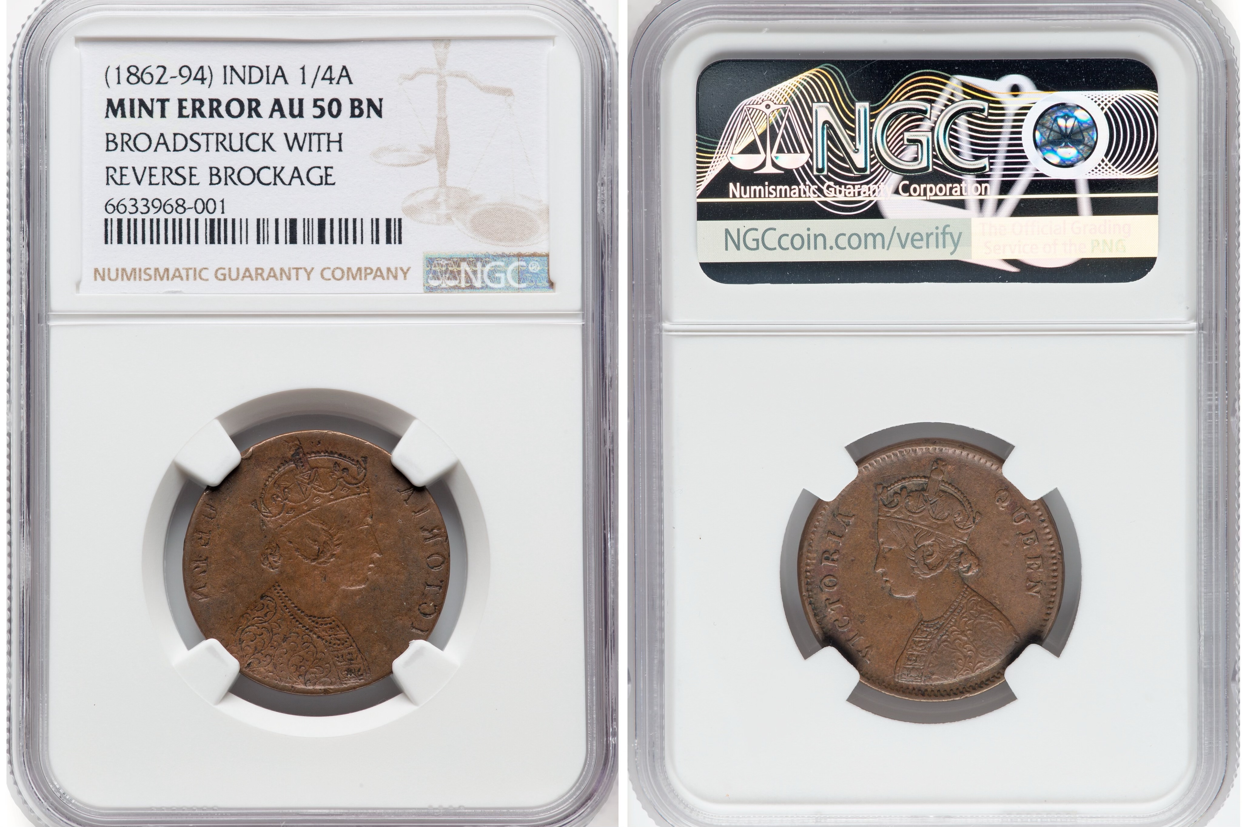 ER412 British India. Victoria Mint Error (Broadstruck with Rever