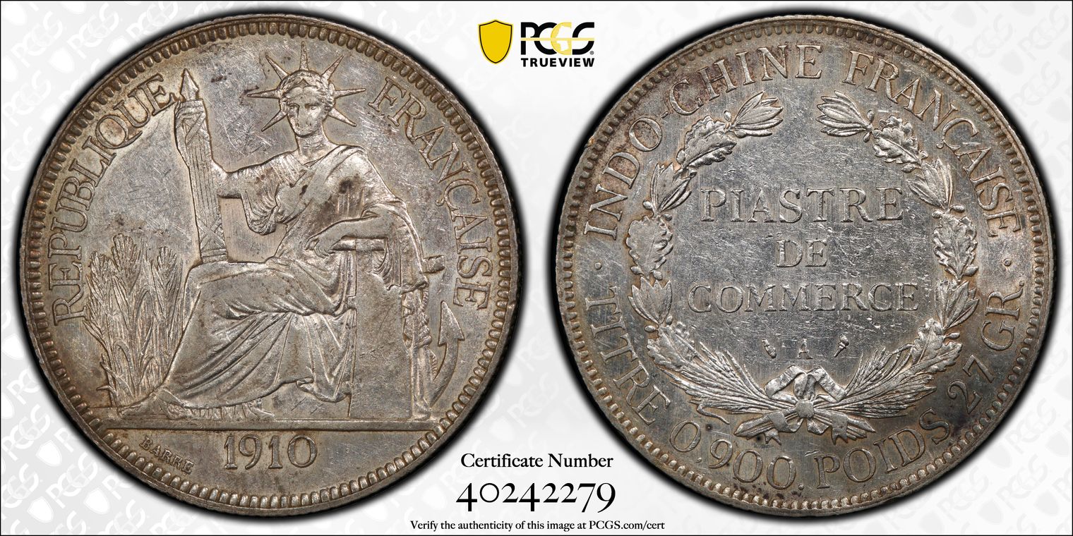 F034 French Indo China Piastre 1910-A PCGS XF Details - Cleaned.