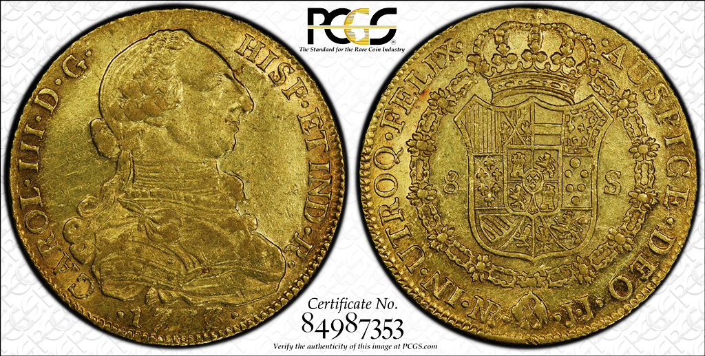 G016 rare COLOMBIA. 1777/6-JJ 8 Escudos. Santa Fe de Nuevo Reino