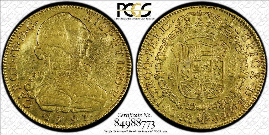 G018 rare COLOMBIA 1791-JJ 8 Escudos. Santa Fe de Nuevo Reino (B