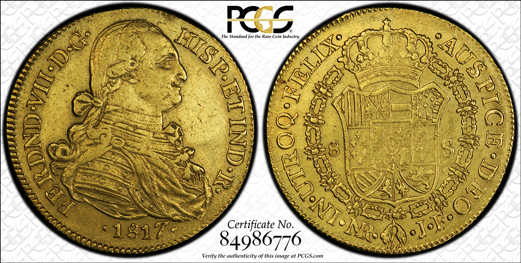 G021 rare COLOMBIA. 1817-JF 8 Escudos. Santa Fe de Nuevo Reino (