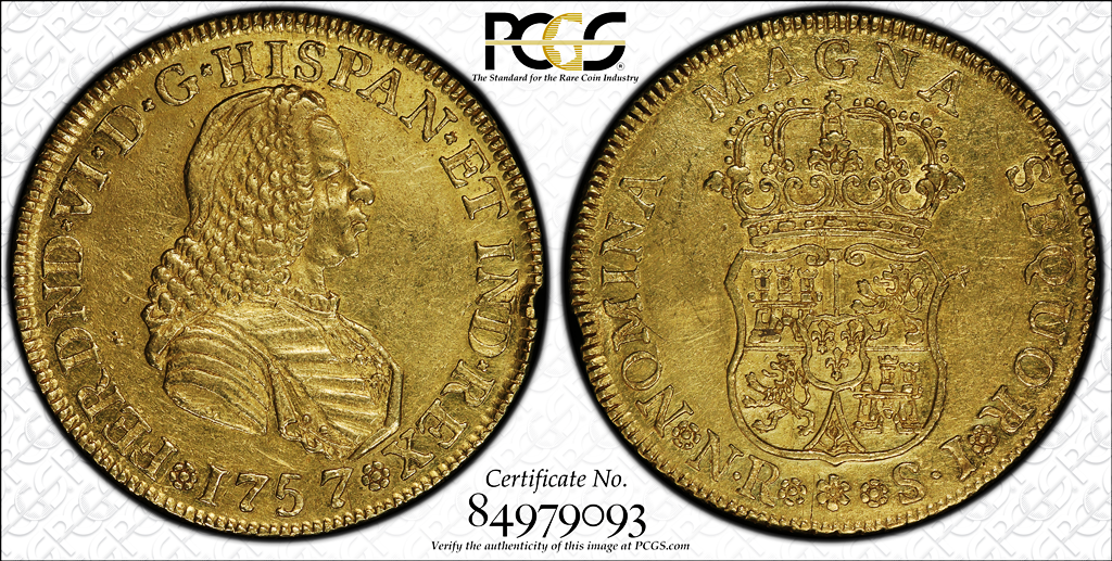 G023 Rare COLOMBIA. 1757-SJ 4 Escudos. Santa Fe de Nuevo Reino (