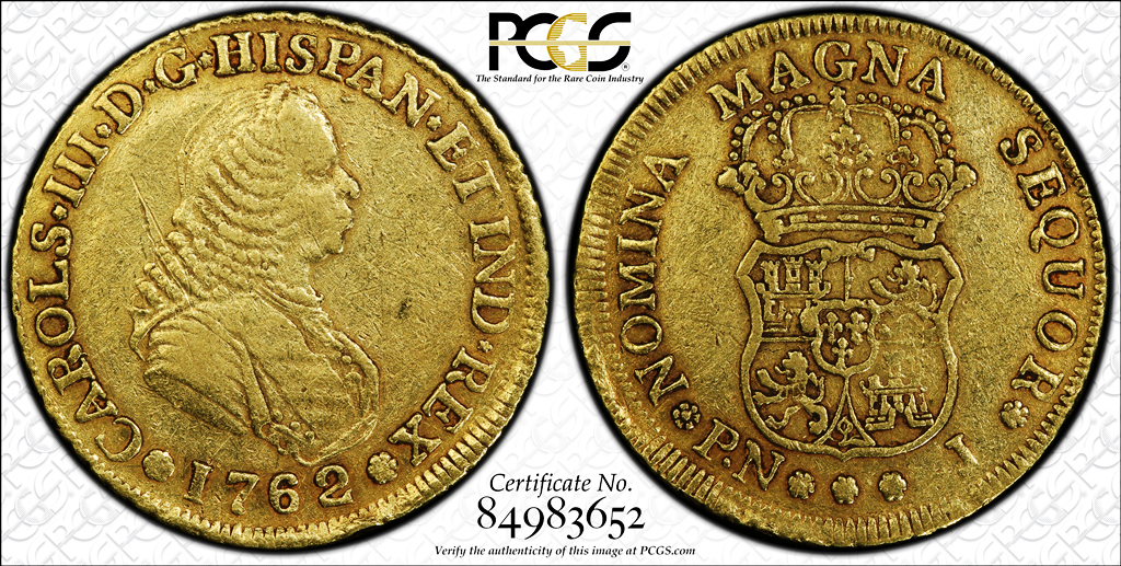 G027 Very rare COLOMBIA. 1762-J 4 Escudos. Popayan mint PCGS EF