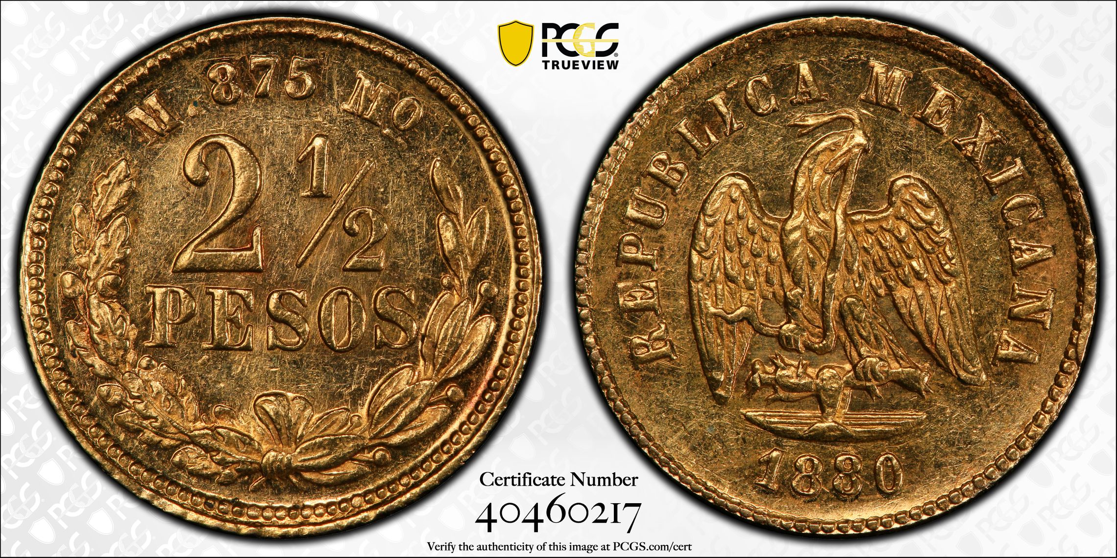 G035 MEXICO. 2-1/2 Pesos, 1880/79-MoM. PCGS MS-62