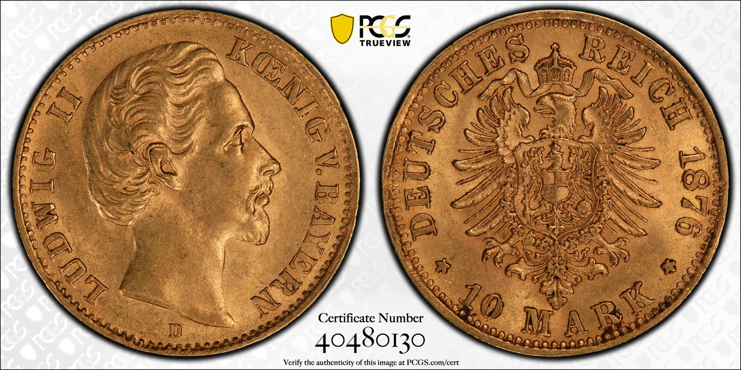 G049 German State:  Bavaria. Ludwig II gold 10 Mark 1876-D