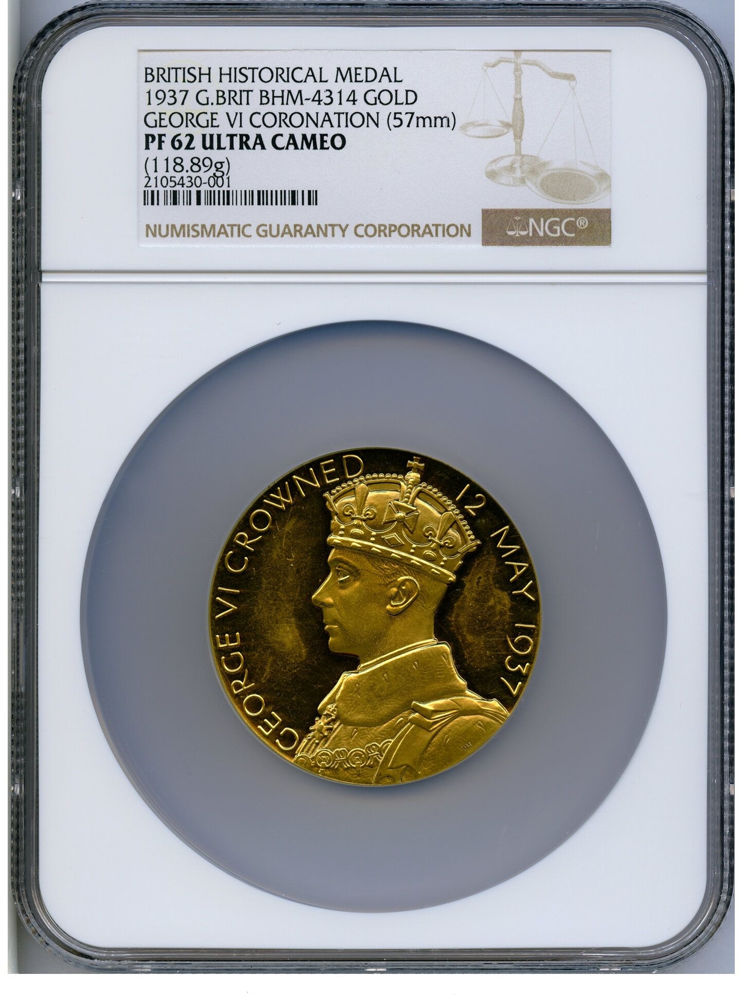 G063 George VI gold Proof "Coronation" Medal 1937 NGC PR62 Ultra