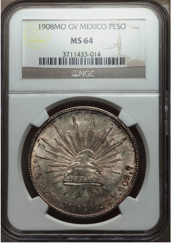 M010 A Republic Peso 1908 Mo-GV MS64 NGC, Mexico City mint, KM40