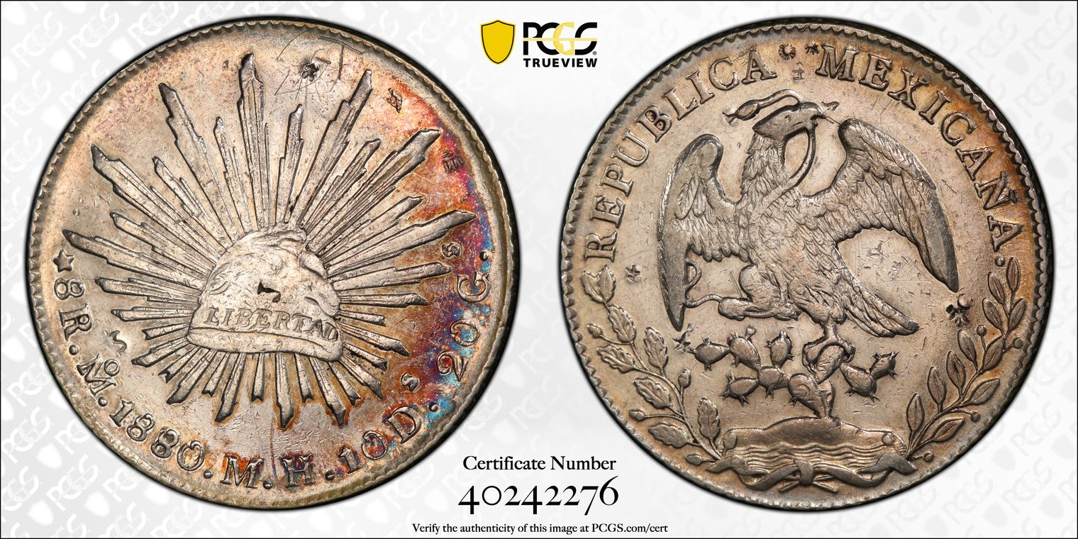 M026 Republic 8 Reales 1880-Mo Mh Mo65 PCGS XF Details - Damage