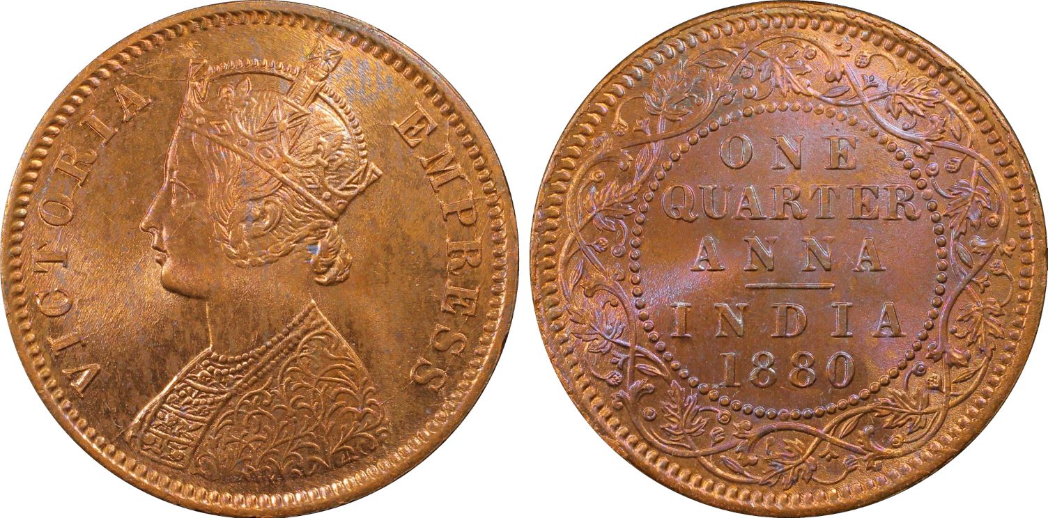 O013  1880-C India 1/4 Anna, Calcutta Mint PCGS MS64RB