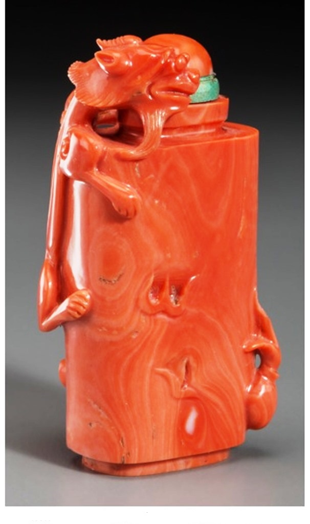 S026 Chinese red coral Chilong with Flaming Pearl snuff bottle,1