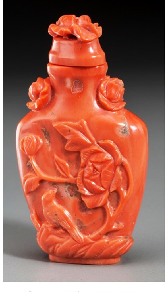 S027 Chinese red coral with Bird & Flower Motifs snuff bottle, Q