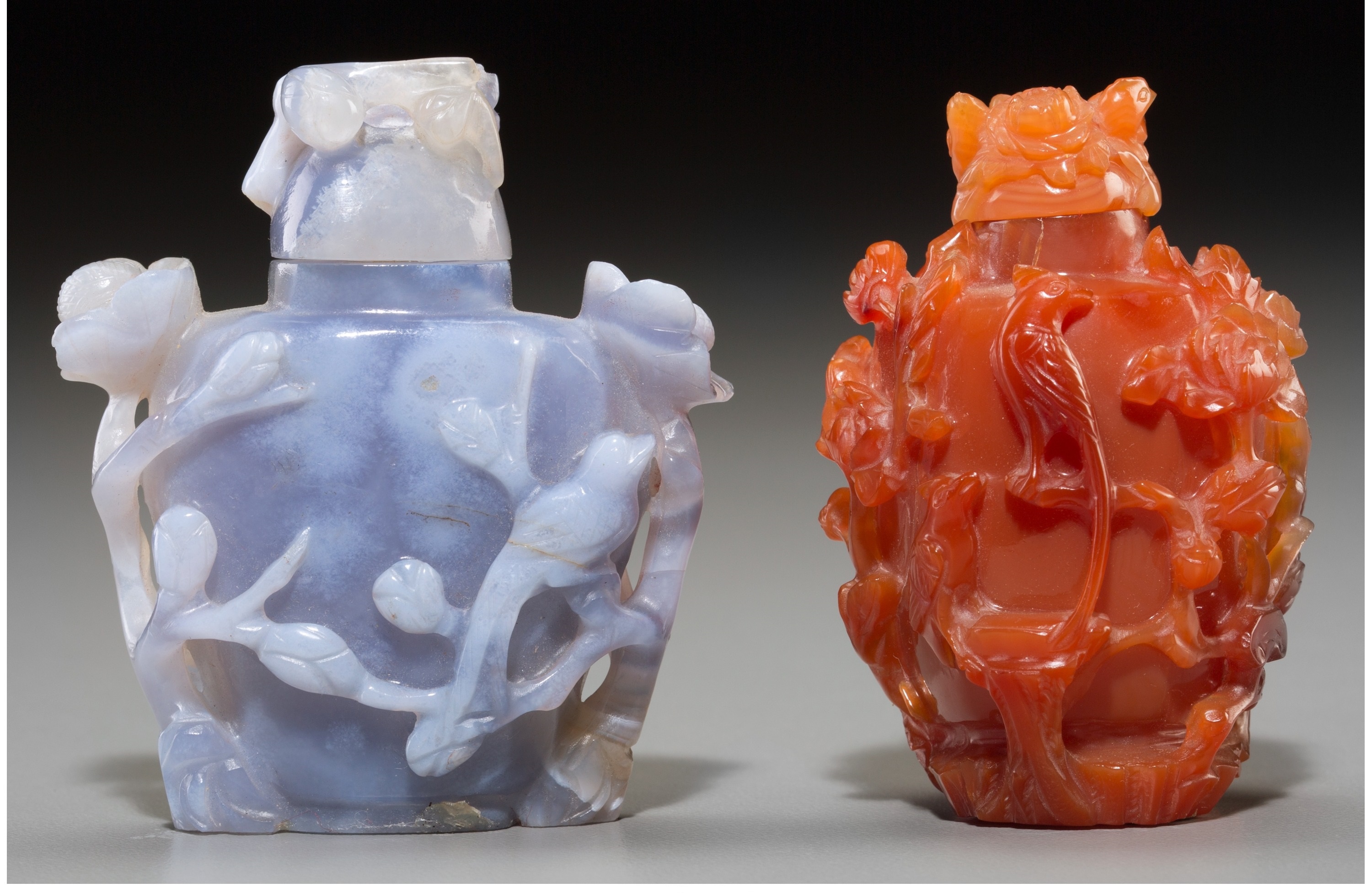 S028 Two Chinese Carved blue agate and carnelian snuff Bottles